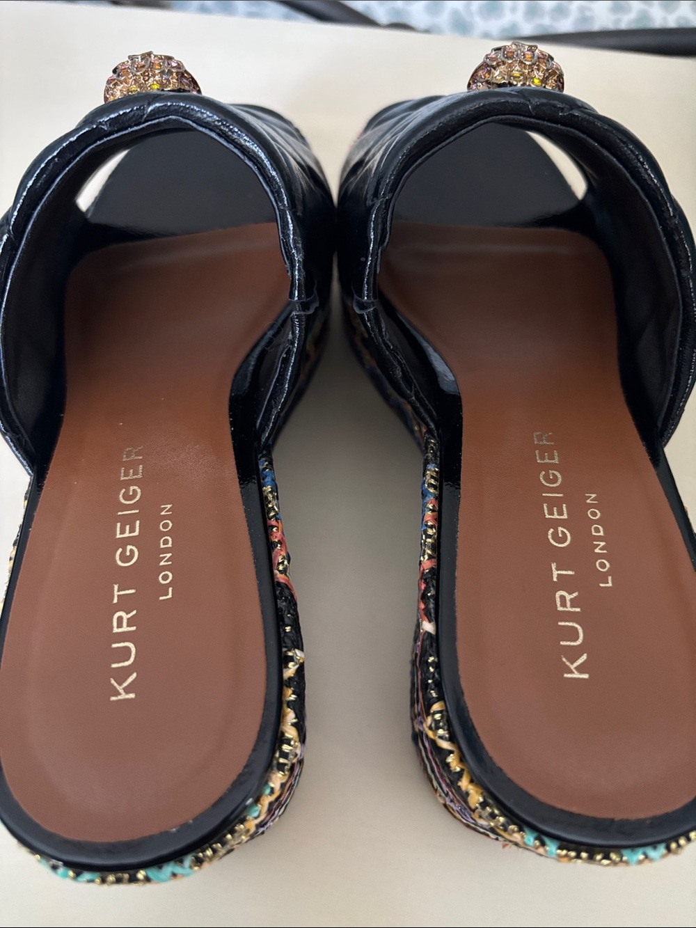 Kurt Geiger Black Quilted Platform Slide Mules with Multicolor Woven Sole - Picture 6 of 8